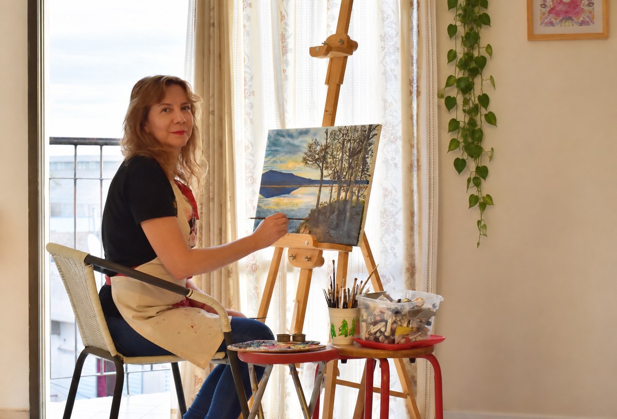 Carola Arriagada pintando en su taller